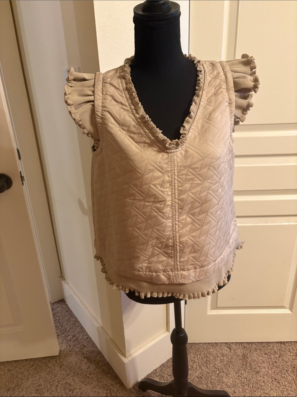 Quilted Ruffle V-Neck Tank Top in Beige